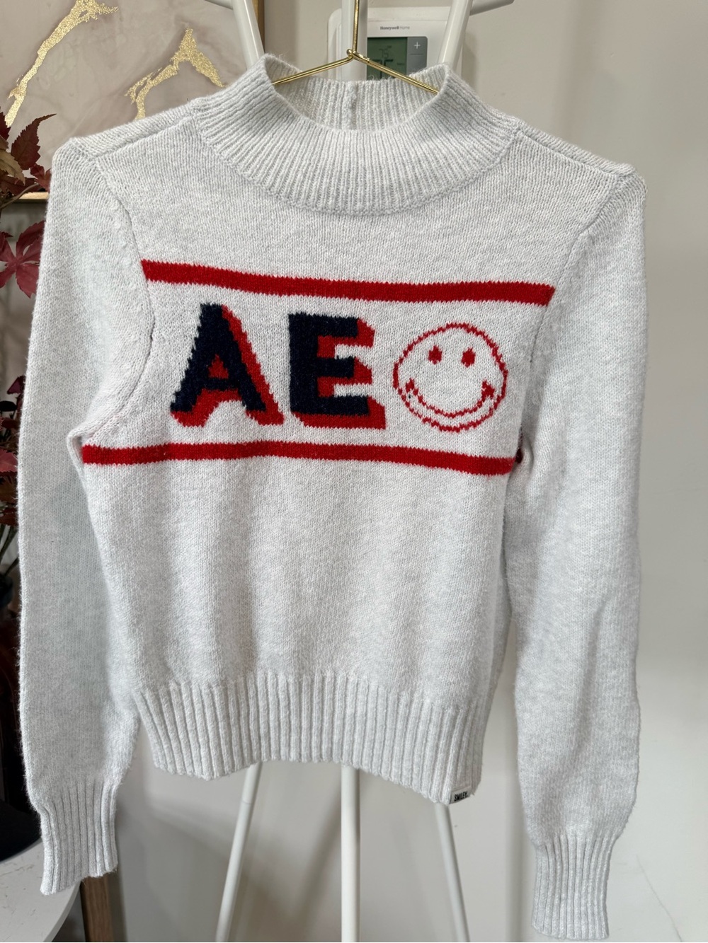 American Eagle Outfitters Logo Cream Knit Sweater with Red and Navy Accents xs